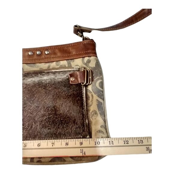 Myra Bag Composition Crossbody Purse Cowhide Leather & Canvas Western Boho - Picture 3 of 12